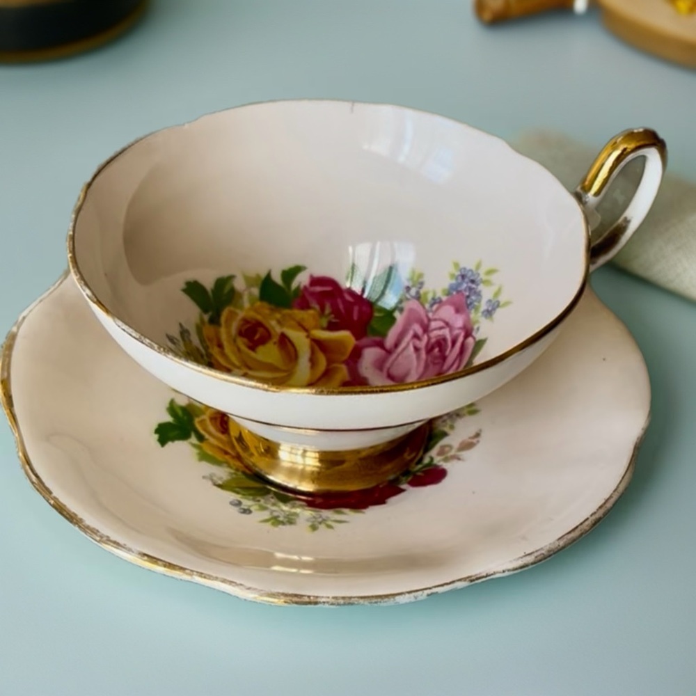 Vintage Queen Anne Gold-Trimmed Teacup and Saucer Set